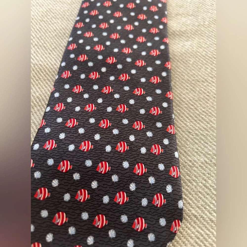 FRANGI 100% Silk Tie Navy Red Fish Print Made in Italy Office Classic